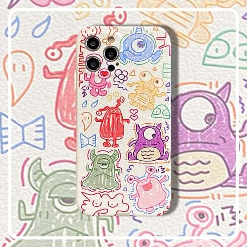 Cartoon Doodle Case For iPhone 11 12 Pro Max XR XS Max X 7 8 Plus SE 2020 Silicone Full Body Phone Cover Coque Color Pen Line