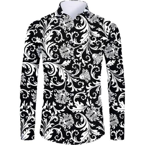 UJWI Luxury White Black Shirt 3D printing Men New Long Sleeve Camisa Masculina Party Chemise Homme Social Men Club Prom Shirt