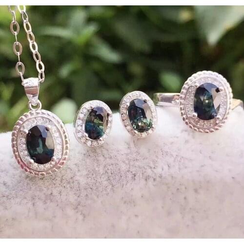 Natural Sapphire Set, 925 Silver, Fine Sapphire, Intense Fire, Ring Stud Earrings