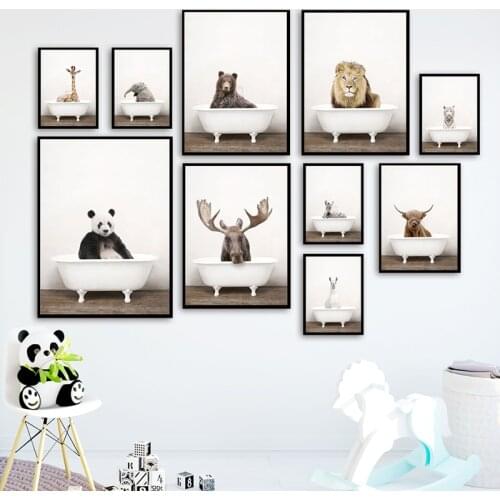 Baby Animal Painting Elephant Lion Zebra Bathtub Nursery Wall Art Canvas Posters Prints Pictures Bathroom Toilet Kid Room Decor