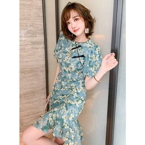 Retro fold draw string hubble-bubble sleeve printing new summer dress