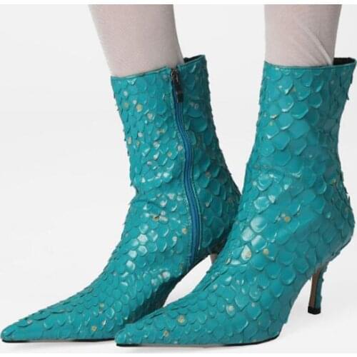 Winter New Arrival Fashion Woman Blue Red Black Beige Scales Pointed Toe Short Booties 85 mm Stiletto Heels Zip Side Ankle Boots