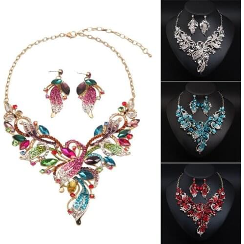 Luxury Bridal Wedding Flower Crystal Rhinestone Necklace Earrings Set Party Jewelry Set Statement Choker Bibs Chain Collar Women