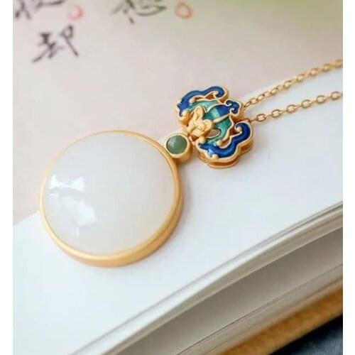 S925 Sterling Silver Inlaid Natural Hetian Jade round Lucky Pendant Cloisonne Blessing Within Sight Vintage Necklace Ornament fo