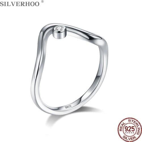 SILVERHOO 925 Sterling Silver Minimalist Irregular Wave Clear CZ Finger Rings For Women Engagement Ring Jewelry Girlfriend Gift