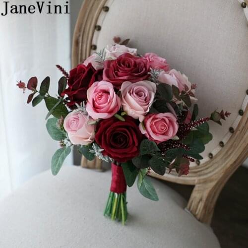 JaneVini Romantic Artificial Burgundy Flowers Wedding Bouquet Dark Red Roses Pink Bridal Flower Ribbon Bride Hand Bouquets 2021