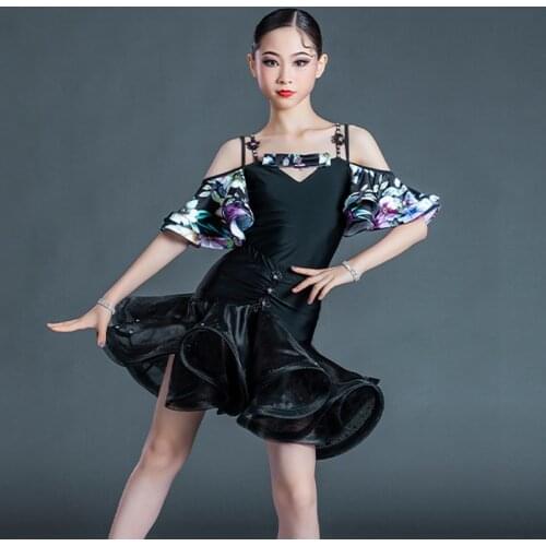 Off-Shoulder Lotus Leaf Sleeve Top Latin Dress Ballroom Girls Tutu Skirt Stage Clothing Kids Salsa Samba Dance Costume SL5344