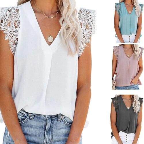 Spring/summer 2021 New Womens Blouse Fashion Casual Lace Multi-Color V-Neck Sleeveless Loose Versatile Chiffon Blouse