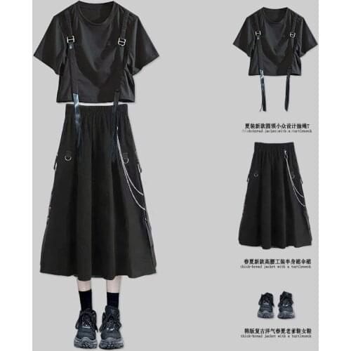 Female Summer Korean Fashion Loose Strap Bow Pleated Short-sleeved T-shirt+Tooling Chain Skirt Two-piece Suit y2k Harajuku Tops