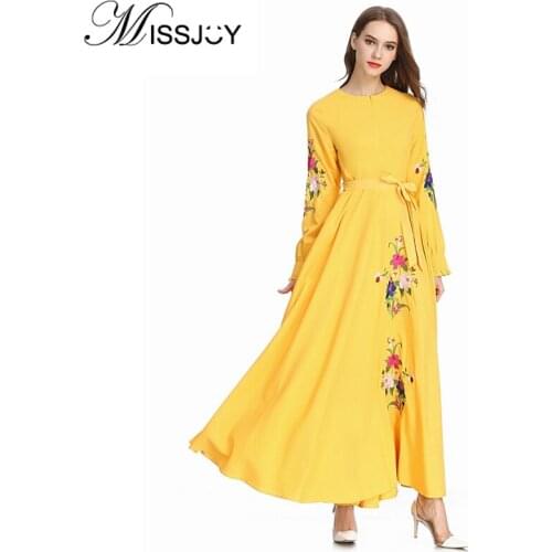 MISSJOY Muslim Dubai Party Dresses Women Lantern Sleeve Flower Embroidery Patchwork Front Zipper Ladies Long Maxi Dress Yellow