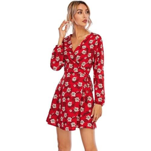 Summer Casual Print Lantern Sleeve Dress V-Neck Fashion Ladies Long-Sleeved Dresses