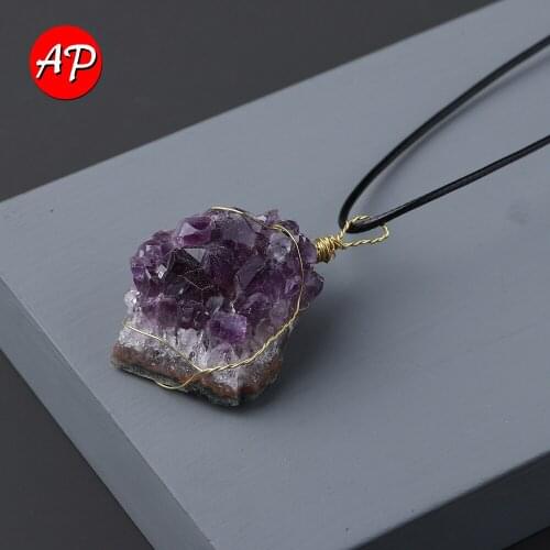 1pc Natural Crystal Raw Ore Jewel Pendants Amethyst Cluster Hand Made Gold Thread Quartz Necklace Energy Stone