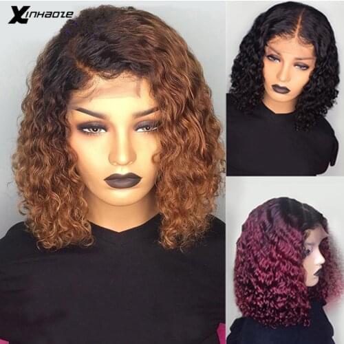 1B/99J Burgundy Red Ombre Short Human Hair Wigs Pre Plucked Curly Blonde Lace Front Bob Wig 150 Density 13X6 Brazilian Remy Wig