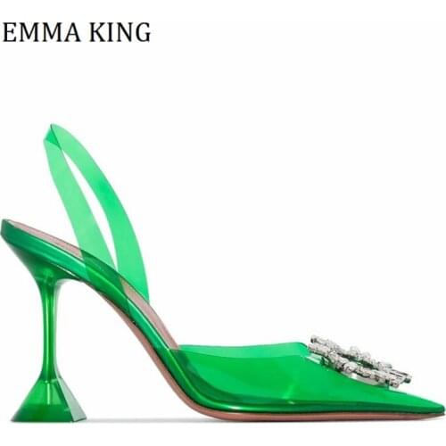 2021 Design Crystal PVC Pumps Sexy Transparent Rhinestones Women Slingback Pumps Pointed Toe None-slip Wedding Party Pumps Shoes