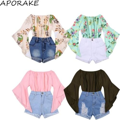 2021 1-6Y Toddler Baby Girl Clothing Off Shoulder Flare Long Sleeve Solid/Floral Print Top Blouse+Holes Denim Shorts Summer 2pcs