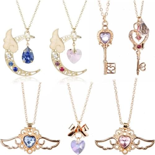 Childhood Anime Star Moon Necklace Jewelry Crystal Heart Scepter Necklaces&Pendants for Women Girl Link Chain Choker Gift