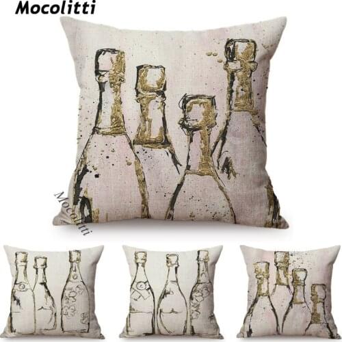 European Champagne Bottle Design 3D Oil Painting Concise Home Decoration Throw Pillow Case Cotton Linen Sofa Chair Cushion Cover