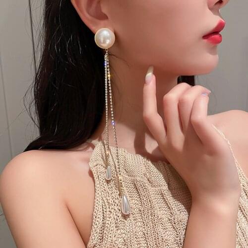 Exknl Geometric Pearl Earrings for Women Oversize Long Tassel Crystal Rhinestone Earrings Statement Jewelry Accessories 2021