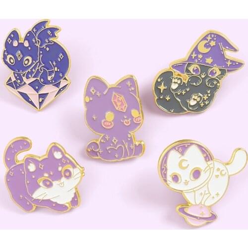 Purple Cartoon Crystal Cat Enamel Brooch Magic Hat Spaceship Animal Badge Jewelry Jewelry Pendant Childrens Gift