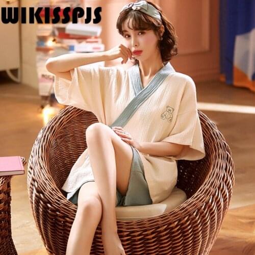 WIKISSPJS New Summer Gauze Sweet Japanese Kimono Thin Short Sleeve Two Piece Solid Color Housewear Sleepwear Bedroom Set