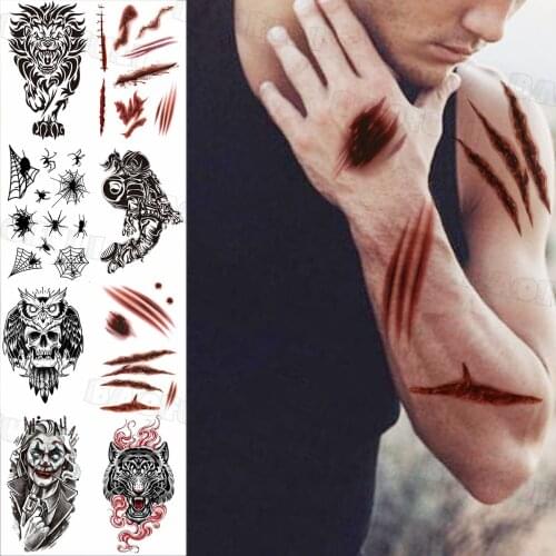 Cool Halloween Scar Temporary Tattoos For Men Women Realistic Lion Owl Clown Fake Tattoo Sticker Waterproof Face Arm Tattoo