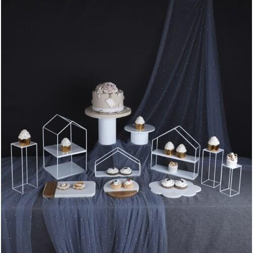 Marble Geometric Shape Tray Hollow Out Vintage white Cake Stand Cake Tools Metal Wedding Party Dessert Cupcake Pedestal Display