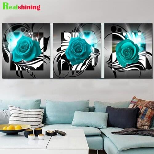 Paste Art Crafts Flowers Diamond Painting Full Round Square 5D DIY Diamond embroidery triptych Blue Rose Home Decoration,N1848