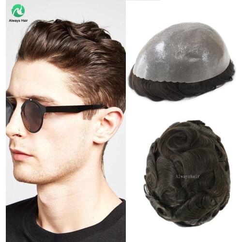 Alwayshair - Skin Men Wig 130% Hair Density PU Toupee Indian Human Hair System
