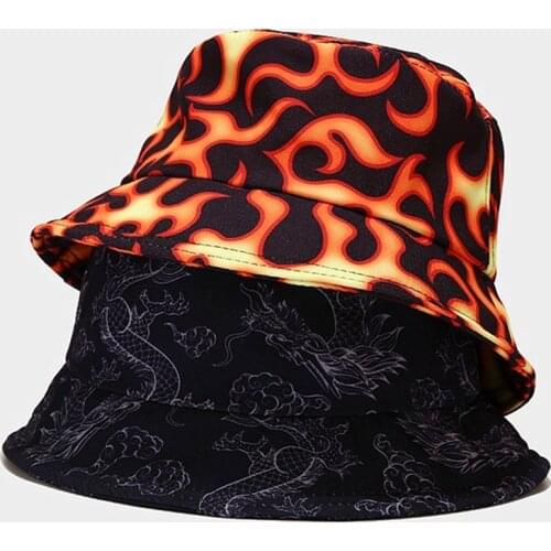 Fashion Harajuku Reversible Bucket Hat Fire Tie dye Butterfly Cloud Dragon Print Fisherman Hat Panama Bob Men Women Sun Hat