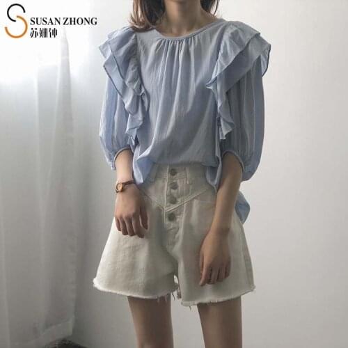 Women Summer Shirts Short Sleeve Lantern Female Casual Blouse Cotton Ladies Tops Bohemian Ruffles Round Neck Cozy Leisure Retro