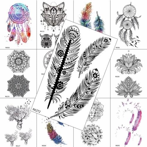 DIY Black Henna Feather Temporary Tattoos Sticker For Womens Fashion Body Art Drawing Chest Tatoos Fake Waterproof Tattoo