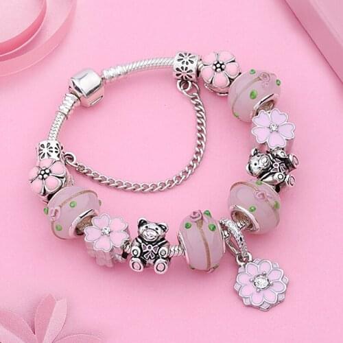Leabyl Spring Series Cute Pink Enamel Flower Bear Charm Bracelet for Women Girl Sporty Casual Tibetan Silver Diy Bead Bracelet