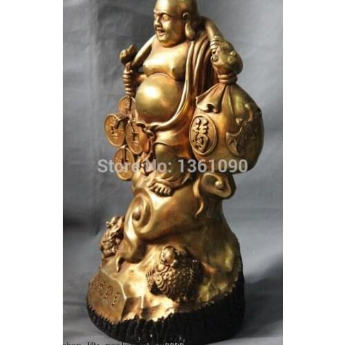 Xd 00624 Copper Bronze Gild Lucky Wealth Coin Two Toad Maitreya arhat monk Buddha Statue