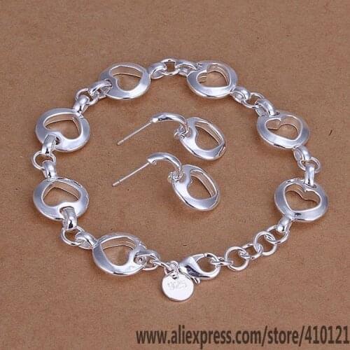 S152 Hot Sale Silver Color Jewelry,Wholesale Fashion Jewelry Elegant Charms Fashion Set Hollow Heart Link Earrings Bracelet/dcu