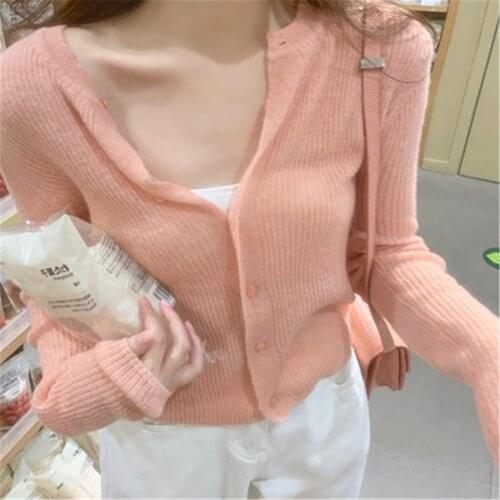 Pink Peach Cardigan Sweater 2021 Spring Summer V Neck Sweater Women Thin Cardigan Knitted Outwear Female All-match Vintage
