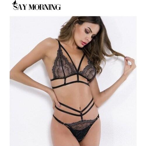 SAY MORNING 2020 Women Lace Sexy Underwear Hollow Bra Thong Set Backless Women Black Lace Strappy See Through Lingerie Set