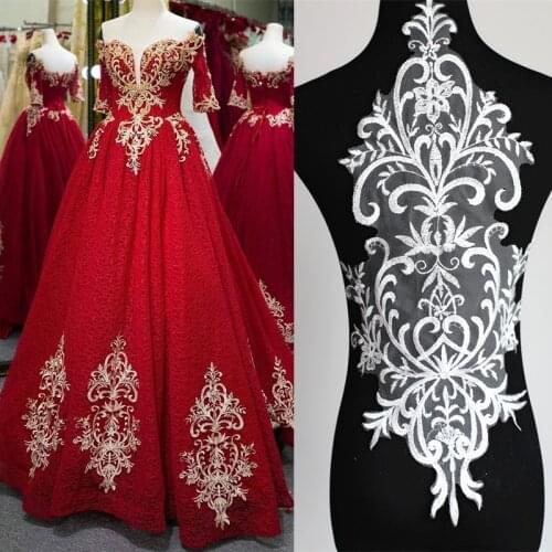 1Pc Ivory, White, Red 28X 61cm Polyester Embroidered Lace Flower Wedding Dress Back Diy Flower Lace Applique Material BD0171