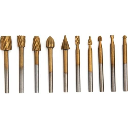 10pcs/set Titanium Plated HSS Rotary Burr Woodworking Engraving Cutter Electric Grinder Accessories