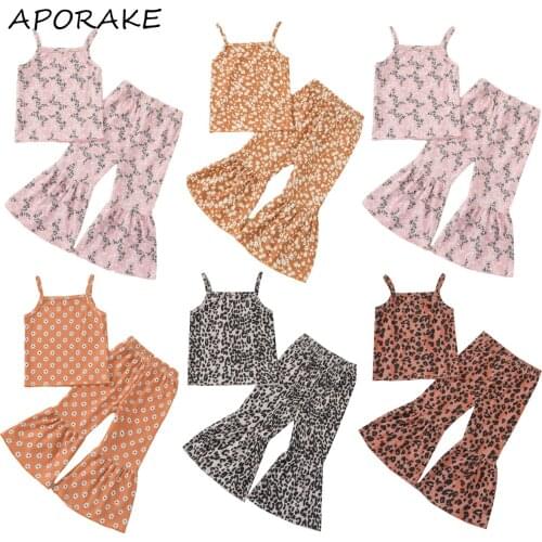 2021 0-5Y Casual Kids Baby Girl Clothing Set Sweet Summer Floral/Leopard Print Sleeveless Top Vest+Flare Pants Toddler 2pcs