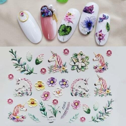 3D Nail Sticker Acrylic Engraved Unicorn Flower Embossed Flower Nail Water Slide Decals Nail Art Decorations