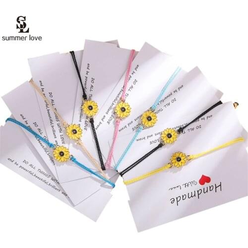 2pcs/lot Fashion Sunflower Bracelet for Women Girls Lucky Friendship Jewelry 2021 Adjustable Rope Woven Wish Bracelet with Card