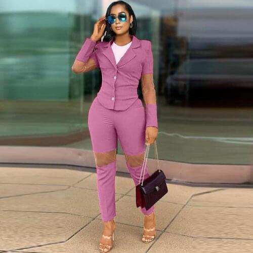 Womens Blazer Suit Two Piece Matching Set Mesh Spliced Long Sleeve Notched Coat and Pencil Legging Office Lady Formal Outfits