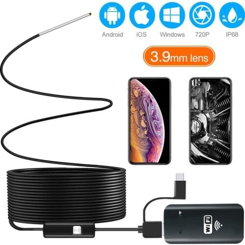 3.9MM Wifi Borescope Endoscope Camera IP67 Waterproof 2000mAh Rigid Snake Camera for Android and iPhone, iOS Samsung PC