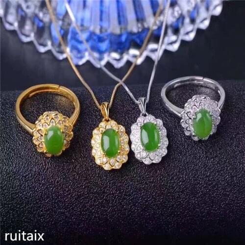 KJJEAXCMY boutique jewels 925 sterling silver inlays natural hetian jasper ring + necklace + pendant set jewelry sunbud micro se
