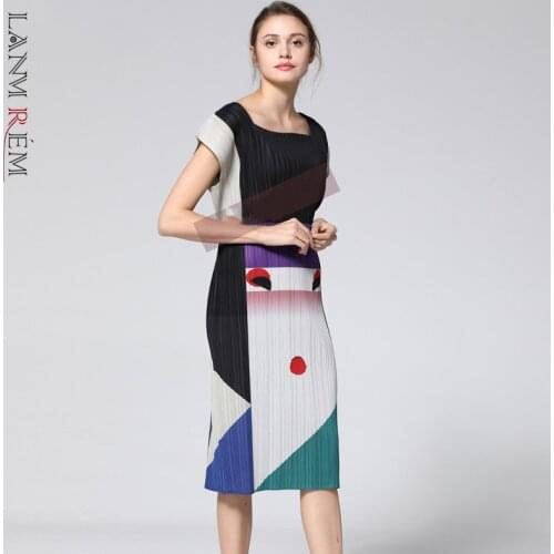 LANMREM 2021 Summer Pleated Dress for Women Square Collar Short Sleeve Printing Casual Female Elegant Dresses 2D3777