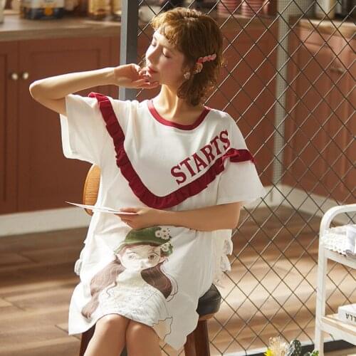 Summer Women Nightdress Girls Cotton Nightgowns Causal Cartoon Sleepwear Sleepdress For Women Short-sleeve Night Dress Nightwear