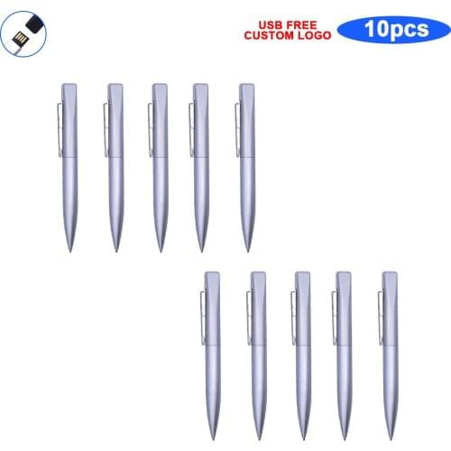 10pcs free logo metal ballpoint pen USB Flash Drive 64GB pendrive 32G memory 16gb 8Gb 128G Pendrive usb u disk 2.0 memoria gift