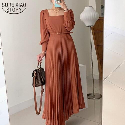 Spring Korean Style Elegant High Waist Women Dress Thin Square Collar Pleated Dress Solid Color Office Vestidos with Belt 12801