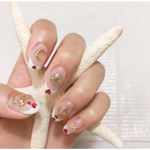 Princess style French white pure color with cockhorse rivet decoration 3d fake nails cute bride full nail tips lady false nails