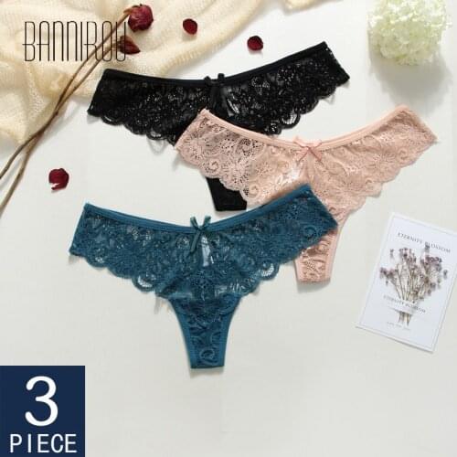BANNIROU Sexy Lace Thongs Panties Underwear Woman G-String 3 Pcs Woman Thong T-back Female Underwear For Woman Sexy Thongs Black